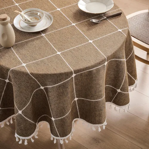 Miniatura 12 de ZeeMart - Mantel de mesa con diseño de cuadrícula boho y borlas (blanco roto, 132 cm x 132 cm), mantel de gran peso de lino a cuadros bordado