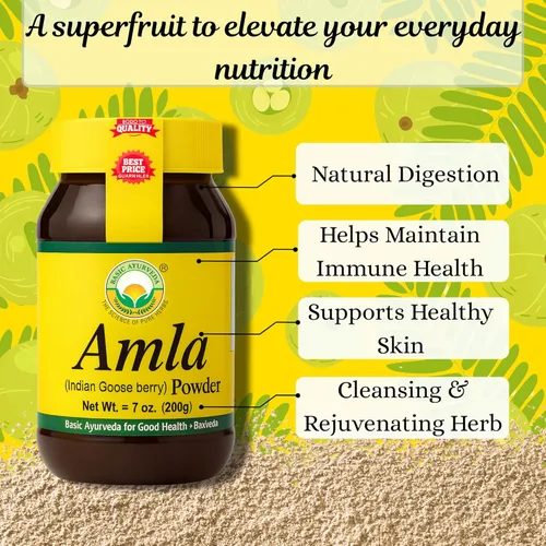 Miniatura 3 de BASIC AYURVEDA Amla Powder 7.05 oz (200g) Grosella espinosa india 100% cruda y natural (Amalaki) para cabello, piel e inmunidad Sin aditivos