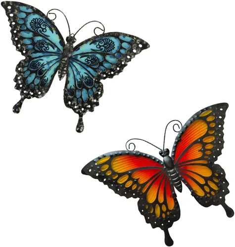 Miniatura 7 de LIFFY Decoración de pared de mariposa de metal, esculturas artísticas de pared de vidrio para exteriores, 12 pulgadas, decoración de jardín colgante
