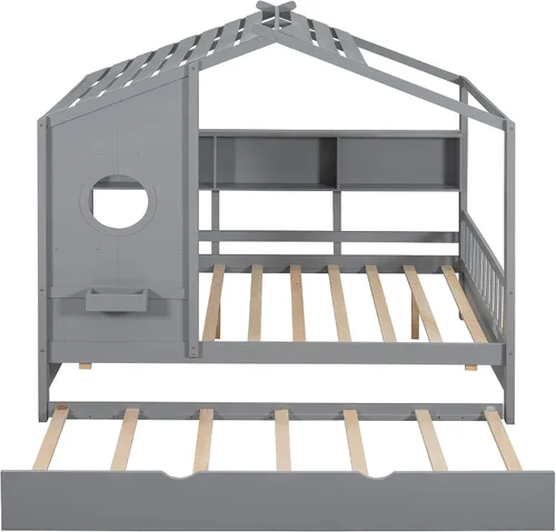 Miniatura 7 de SOFTSEA Cama de plataforma de tamaño matrimonial con nido y estantes de almacenamiento, marco de cama de madera con listones de soporte, cama