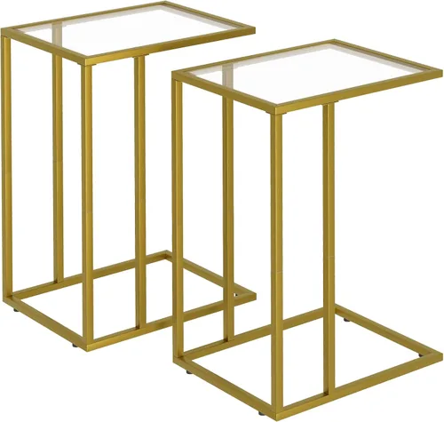 Miniatura 9 de Mesa auxiliar en forma de C, mesa auxiliar para sofá, mesa de refrigerio con vidrio templado y marco de metal, pequeña mesa de bandeja de TV