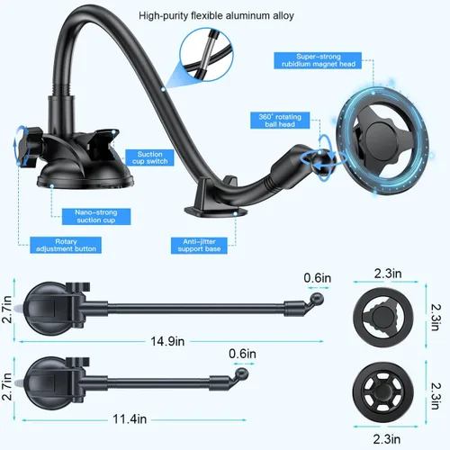 Miniatura 2 de Soporte para teléfono de coche de cuello de cisne, soporte para celular de brazo largo para parabrisas y tablero con ventosa fuerte, estabilizador