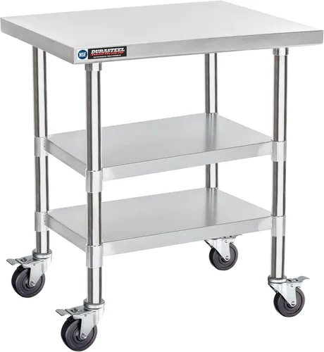 Mesa de trabajo DuraSteel de acero inoxidable 30" x 24" x 34" de altura con 4 ruedas giratorias - Mesa de trabajo para preparación de alimentos de