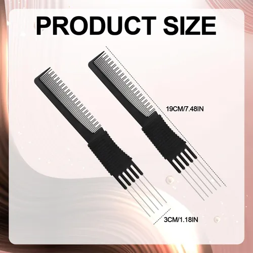 Miniatura 2 de 2 peines de carbono negro para levantar el pelo, de doble cabeza, herramienta de peine de cola de rata para cabello grueso, fino y fino, esponjoso