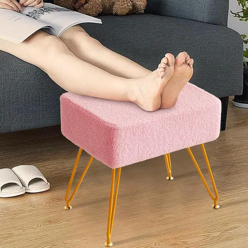 Miniatura 6 de Taburete de terciopelo de peluche, reposapiés otomano, mesa auxiliar pequeña, con 4 patas de metal, taburete moderno, pies antideslizantes