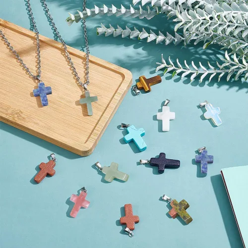 Miniatura 4 de PH PandaHall 50 dijes de cruz de piedra de 10 colores, colgantes de cristal de cuarzo cruzado para Pascua, San Valentín, Eid Mubarak Ramadán