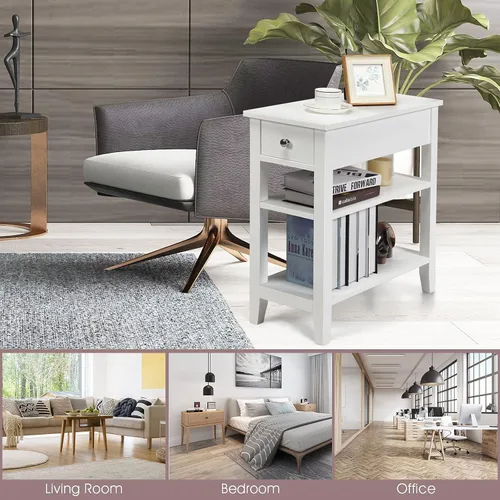 Miniatura 7 de KOTEK Mesa auxiliar con cajón y estante de almacenamiento abierto, mesa auxiliar estrecha, mesita de noche delgada, mesita de noche de 3 niveles