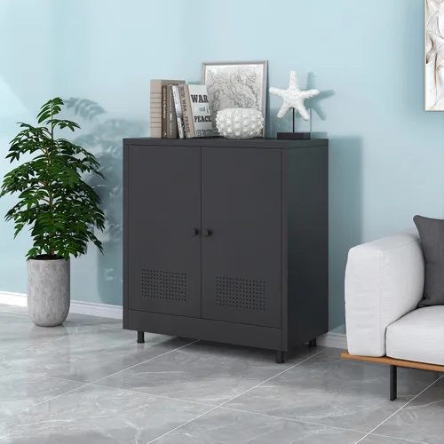 Miniatura 4 de Armario de almacenamiento de metal con 2 puertas y estante ajustable, aparador de acero para el hogar, oficina, garaje, entrada, sala de estar, Negro
