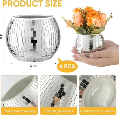 Miniatura 3 de 6 piezas de jarrón de bola de discoteca para centros de mesa, decoración de bola de discoteca, florero con espejo plateado para bodas, cumpleaños