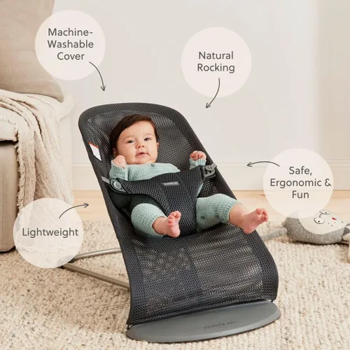 Miniatura 2 de BabyBjörn Bouncer Bliss Silla de rebote para bebé, Malla, Antracita Gris Beige
