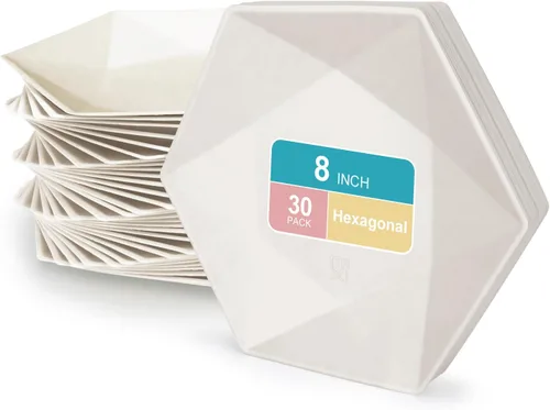Miniatura 10 de Paquete de 30 platos de papel desechables de 8 pulgadas, platos de papel hexagonal azul, platos de postre 100% biodegradables para bodas
