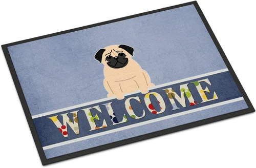 Caroline's Treasures BB5589MAT - Tapete de bienvenida de pug Fawn de 18 x 27 pulgadas, tapete para puerta delantera, interior y exterior, para