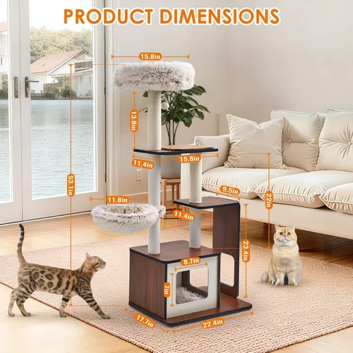 Miniatura 2 de Árbol y torre modernos para gatos de 54 pulgadas para gatos grandes, árbol de madera de varios niveles con postes rascadores, hamaca, percha