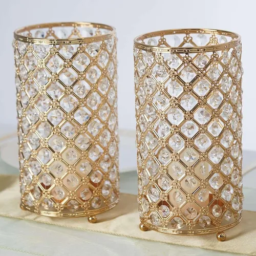 Efavormart - Juego de 2 portavelas votivas de metal dorado de 9 pulgadas, jarrón multiusos con tallo de cristal