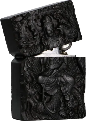 Miniatura 4 de Carcasa exterior tallada en madera negra de ébano natural para kit de inserción Zippo (Kwan Yin Goddess Dragon Phoenix)