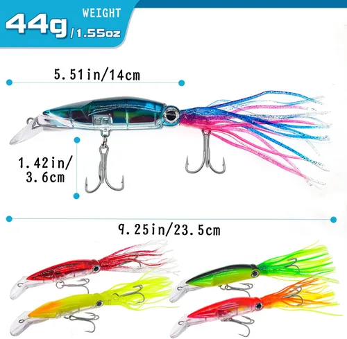 Miniatura 2 de Señuelos de pesca de calamar con cola de pulpo - Cabeza de anzuelo con luz de plástico suave - Kit de cebo para pesca de trucha y lubina