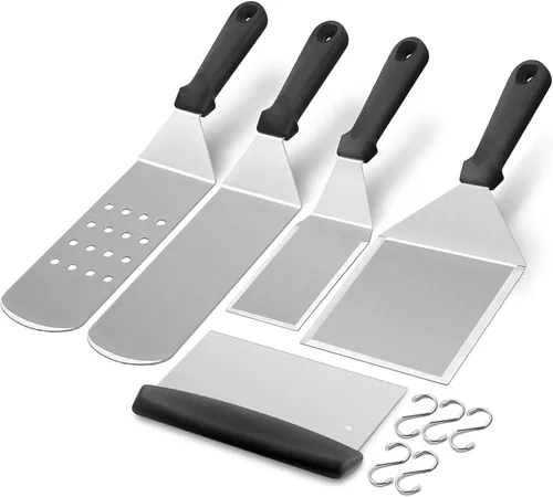 Miniatura 9 de HaSteeL - Juego de 5 espátulas de metal, kit de accesorios de plancha resistente, de acero inoxidable duradero, para hamburguesas, espátulas