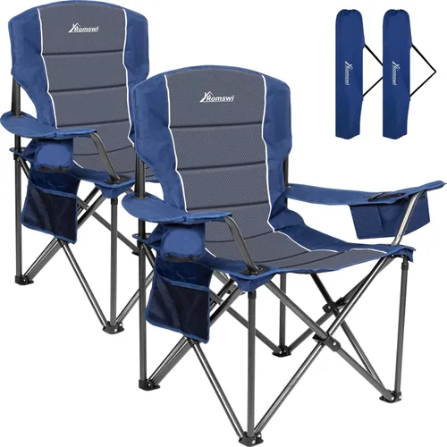 Romswi Sillas de campamento de gran tamaño, soporte resistente de 500 libras, sillas deportivas acolchadas con respaldo y brazo, bolsa enfriadora,