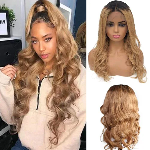 Miniatura 3 de Peluca rubia lacia con cabello humano de 26 pulgadas, tono degradado #1B/27, 150% densidad, encaje frontal de 13 x 6, color rubio miel castaño y 2