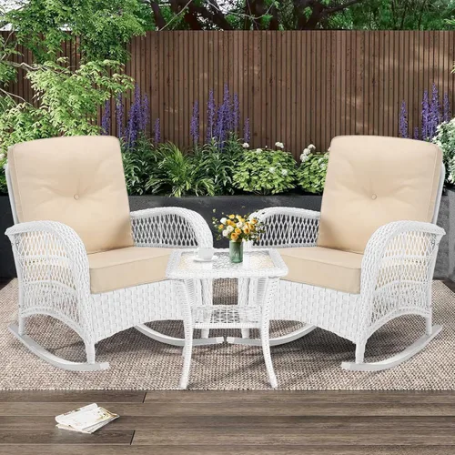 Miniatura 31 de MEETWARM Mecedora de mimbre para exteriores, sillas mecedoras de ratán para patio con cojines y respaldo alto, silla de mimbre para patio para todo