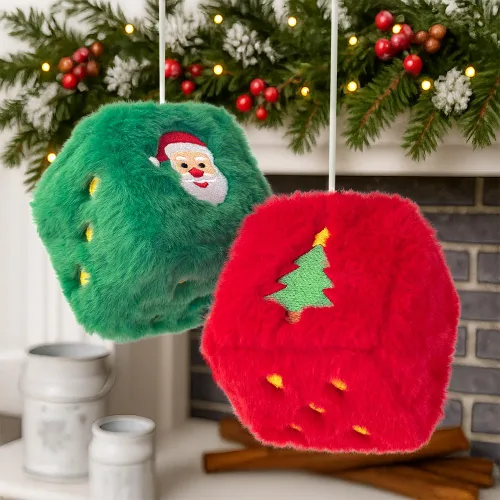Miniatura 6 de Dados peludos de Navidad para espejo retrovisor del automóvil, diseño bordado de Papá Noel y árbol, decoraciones colgantes de felpa roja y verde