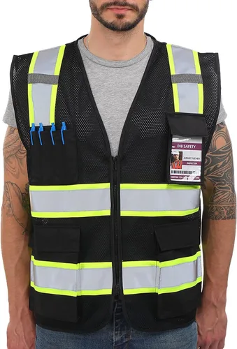 Miniatura 10 de Dib Safety Chaleco de malla reflectante de alta visibilidad en dos tonos con bolsillos y cremallera, malla azul con ribete amarillo, L Azul