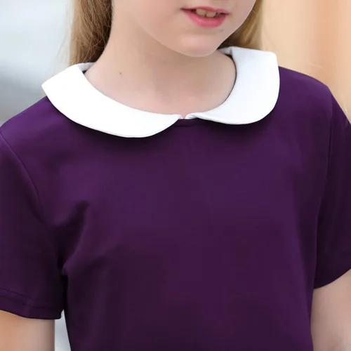 Miniatura 6 de GORLYA Vestido de fiesta casual de manga corta para niña con cuello Peter Pan ajustado y acampanado con bolsillos, 4-12 años