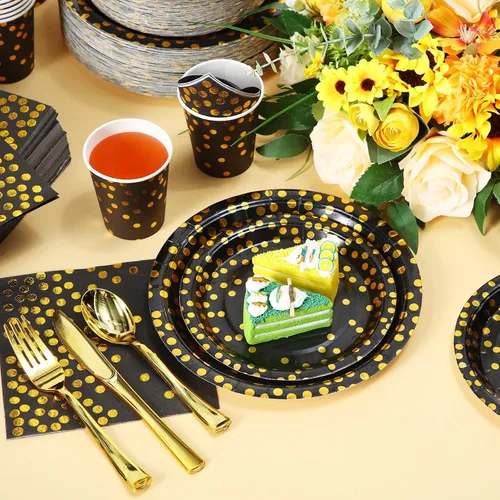Miniatura 4 de 700 piezas de suministros de fiesta negros y dorados, juegos de vajilla desechables para 100 invitados, platos de papel negro y dorado, servilletas