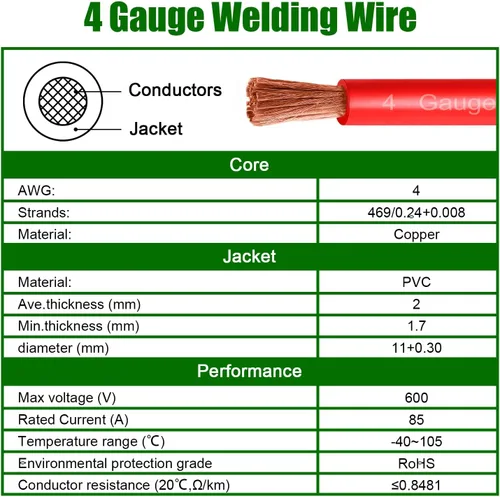 Miniatura 5 de Cable de Batería de Calibre 4 de Alambre de Cobre, 5 Pies Rojo + 5 Pies Negro 4 AWG Cable de Soldadura Estándar de EE.UU. Alambre OFC