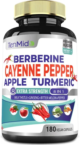 Cápsulas de extracto de suplementos de pimienta de cayena, 180 cápsulas y berberina, manzana, curcumina de cúrcuma, melón amargo, ginseng, cardo