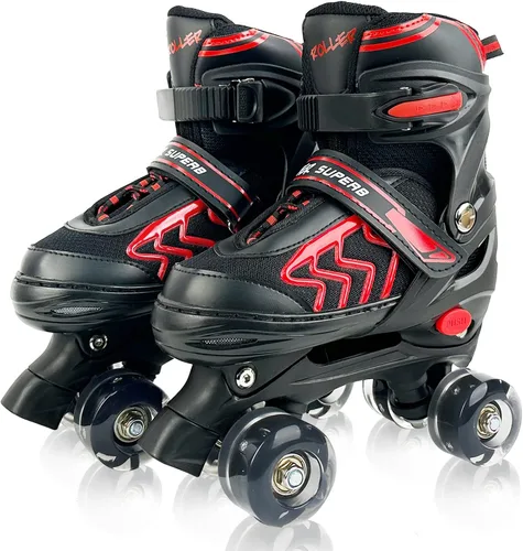 Patines de Ruedas para Niños y Niñas, Ajustables 4 Tamaños Patines de Ruedas Cuádruples para Niños y Jóvenes con Ruedas que se Iluminan para Negro y
