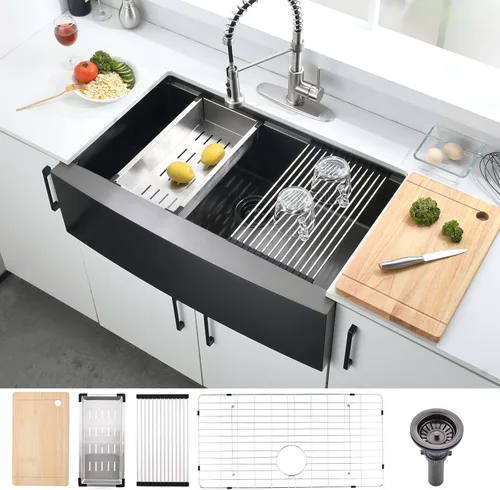 Miniatura 9 de Loftus - Fregadero de cocina de 33 pulgadas con delantal frontal, de acero inoxidable, calibre 16, repisa profunda para estación de trabajo