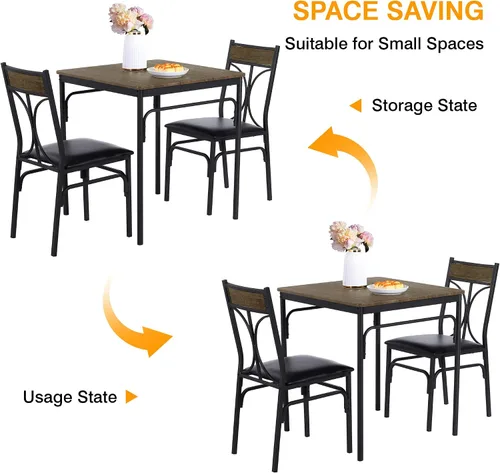 Miniatura 7 de VECELO Juego de mesa de comedor de 3 piezas para 2, juego de mesa de cocina con 2 sillas para espacio pequeño, ahorro de espacio y diseño moderno