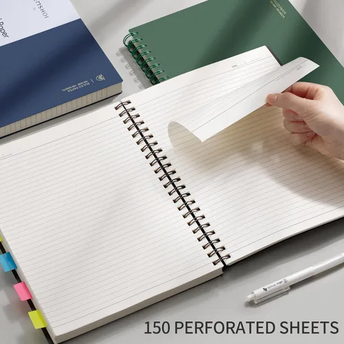 Miniatura 6 de EMSHOI Cuaderno de espiral A4 con rayas universitarias, 11.2" X 8.27", 300 páginas/150 hojas, páginas perforadas fáciles de rasgar, papel grueso
