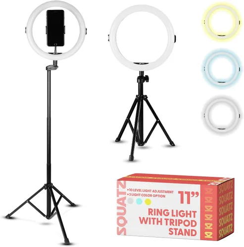 Squatz - Anillo de luz para selfie de 11 pulgadas con soporte de trípode de 61 pulgadas, anillo de luz LED con soporte para teléfono, control USB