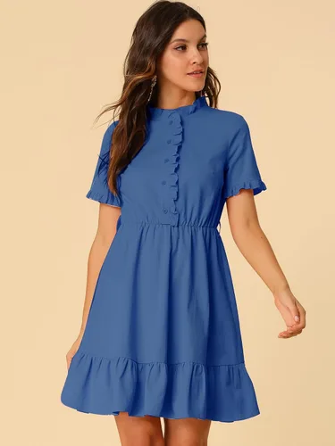 Miniatura 5 de Allegra K Vestido camisero de algodón ajustado y acampanado para mujer con cinturón y botones frontales con volantes, M