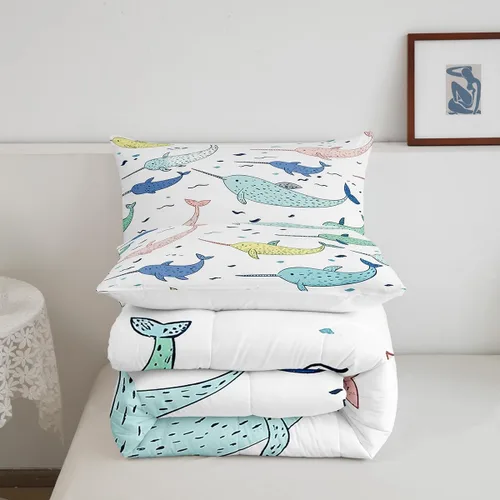 Miniatura 6 de Erosebridal Narwhal - Juego de edredón de ballena oceánica, edredón de plumón náutico costero para niños y niñas, vida marina, animales de dibujos