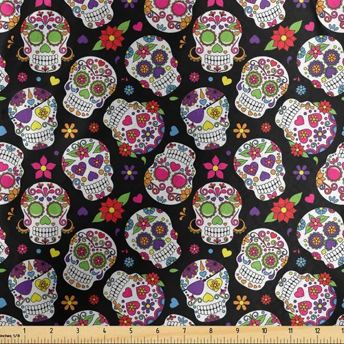 Miniatura 81 de Ambesonne The Yard, tela de calavera colorida con temática de Halloween, diseño de calavera y huesos cruzados, divertido estampado de dibujos