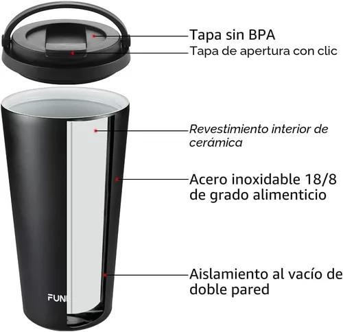 Miniatura 5 de Funkrin Taza de café aislada con revestimiento de cerámica, taza de café helado de 16 onzas con tapa abatible y asa, taza de viaje a prueba de fugas