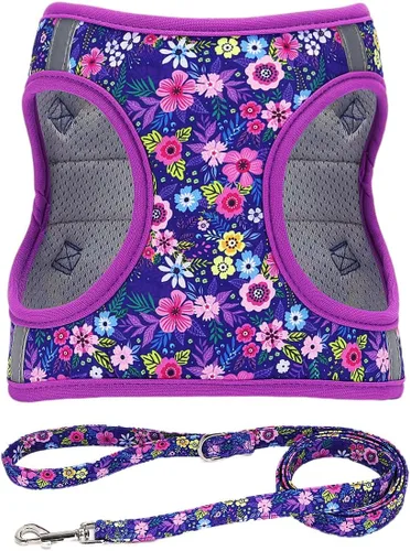 Miniatura 7 de Arnés para perro con correa, arnés reflectante para todo clima, sin tirones, con patrón floral, acolchado, malla para gatos, cachorros, perros