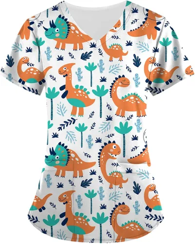 Camiseta de trabajo de manga corta con estampado personalizado para mujer, cuello en V, elástica, para verano, 2023