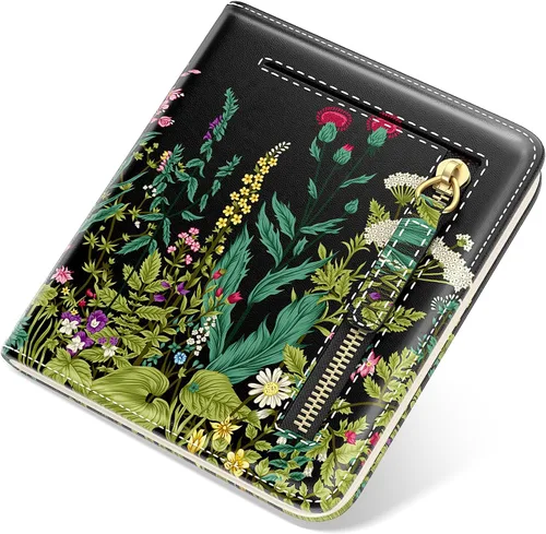 Miniatura 20 de Billetera de cuero genuino de lujo para mujer con bloqueo RFID, compacta, plegable, con ventana para identificación, Gato negro, Moderno
