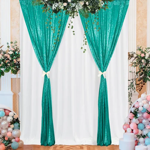 Miniatura 2 de ShinyBeauty Cortinas de lentejuelas 2 paneles de 2 x 8 pies, cortinas de fondo de fiesta verde azulado con purpurina para bodas, Navidad, Año Nuevo