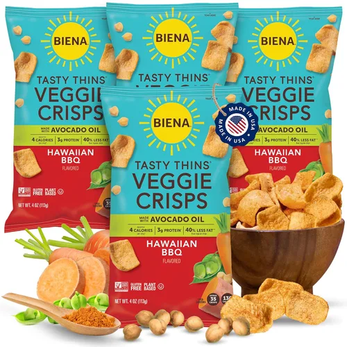 BIENA Tasty Thins Veggie Crisps - BBQ hawaiano, paquete de 4, bolsas de 4 onzas, garbanzos y verduras, vegano, sin gluten, sin lácteos, sin OGM,