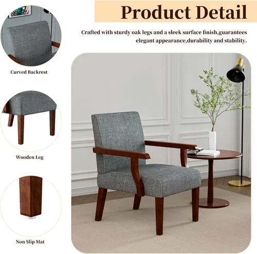 Miniatura 3 de Juego de 2 sillas decorativas, sillas tapizadas de lino con mesa redonda de madera, silla moderna para sala de estar, dormitorio y oficina (gris)