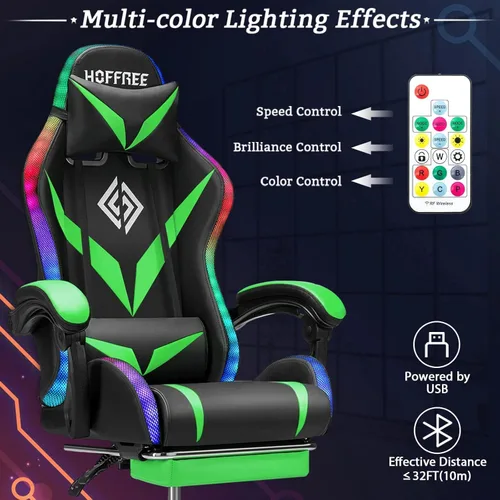 Miniatura 3 de Silla de juegos RGB con luces LED y masaje, silla ergonómica de computadora con reposapiés, silla de videojuegos de respaldo alto con soporte lumbar