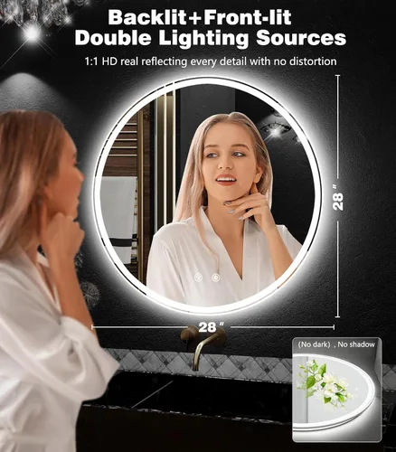 Miniatura 2 de Espejo de baño LED de 28 pulgadas: espejo de tocador redondo con luces, regulable y cambio de 3 colores, retroiluminado y con luz frontal, vidrio
