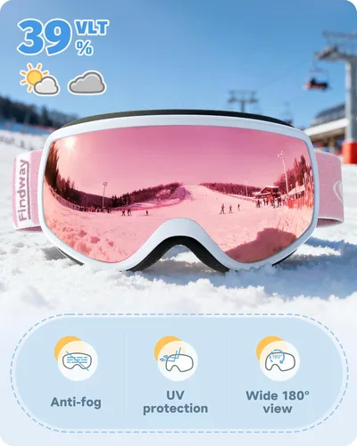 Miniatura 2 de findway Gafas de esquí para niños, gafas de snowboard para niños y niñas de 3 a 12 años Marco blanco lente rosa plata (vlt 21%)