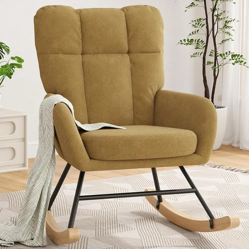 Nursery Rocking Chair Upholstered, High Backrest Glider Rocker Accent Chair with Padded Removable Cushion Comfy Nursing Chair for Living Room