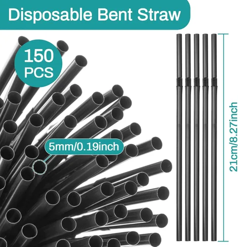 Miniatura 2 de 150 popotes desechables de plástico para beber, popotes flexibles, desechables, largos, coloridos, de plástico, a rayas, varios colores para uso